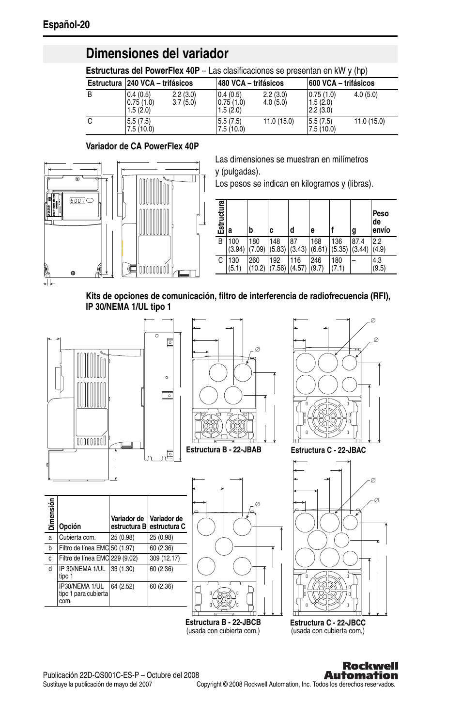 Dimensiones del variador, Español-20 | Rockwell Automation 22D PowerFlex 40P Quick Start - FRN 1.xx - 3.xx User Manual | Page 106 / 129