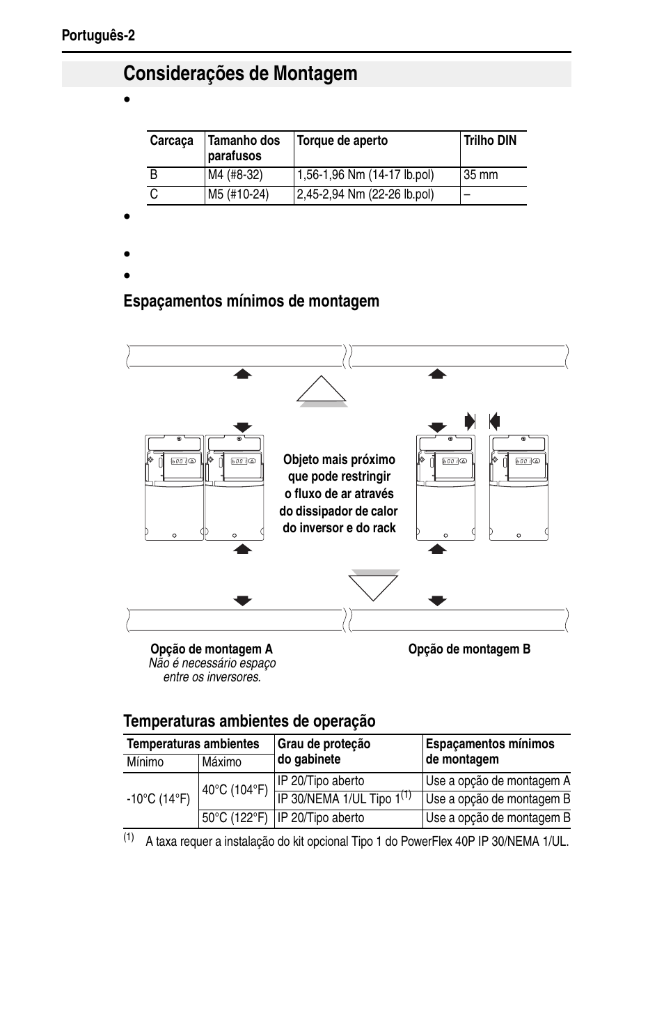 Considerações de montagem, Espaçamentos mínimos de montagem, Temperaturas ambientes de operação | Consulte as dimensões de montagem em página 20 | Rockwell Automation 22D PowerFlex 40P Quick Start - FRN 1.xx - 3.xx User Manual | Page 108 / 129