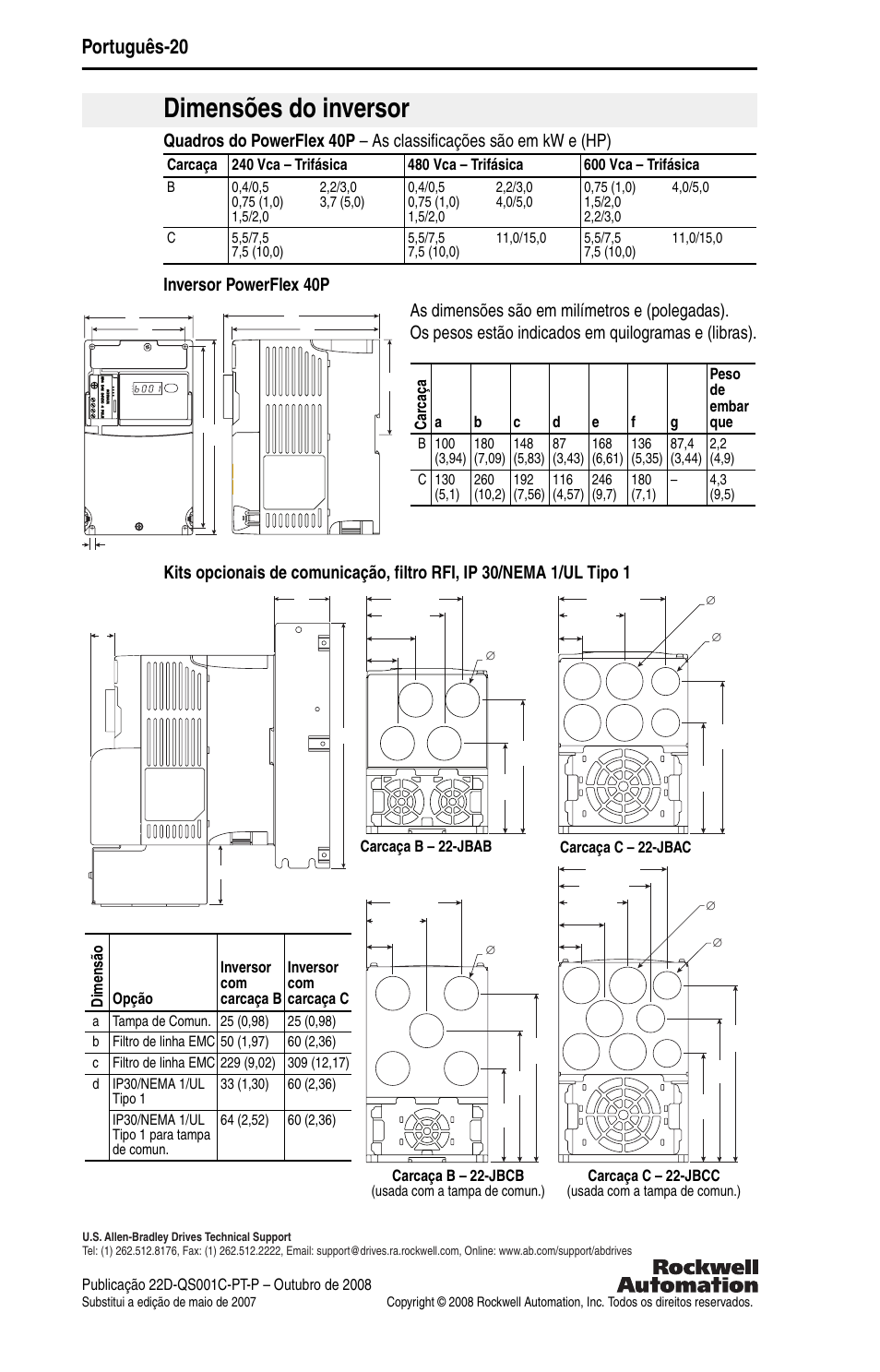 Dimensões do inversor, Português-20 | Rockwell Automation 22D PowerFlex 40P Quick Start - FRN 1.xx - 3.xx User Manual | Page 126 / 129