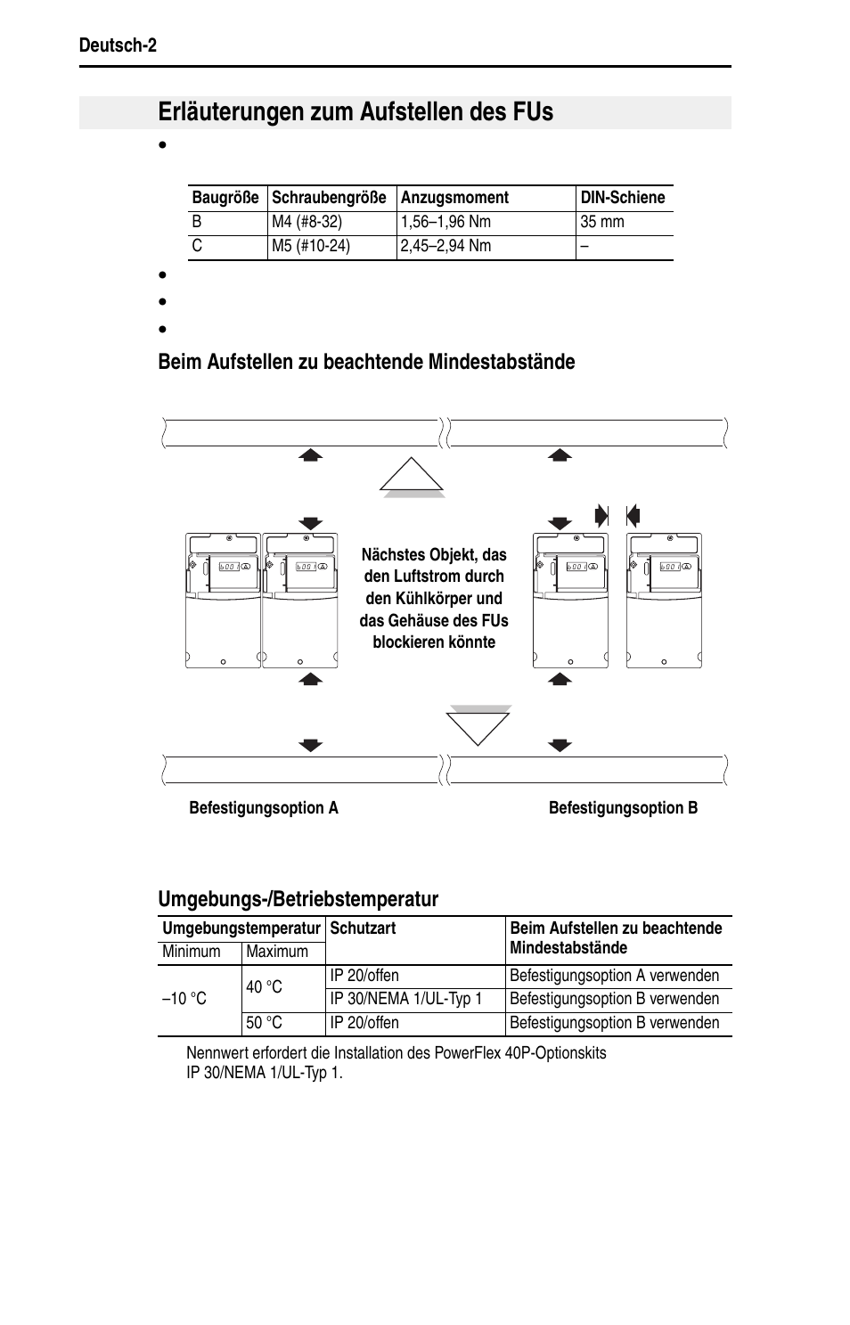 Erläuterungen zum aufstellen des fus, Beim aufstellen zu beachtende mindestabstände, Umgebungs-/betriebstemperatur | Einbauabmessungen finden sie auf seite 21 | Rockwell Automation 22D PowerFlex 40P Quick Start - FRN 1.xx - 3.xx User Manual | Page 24 / 129