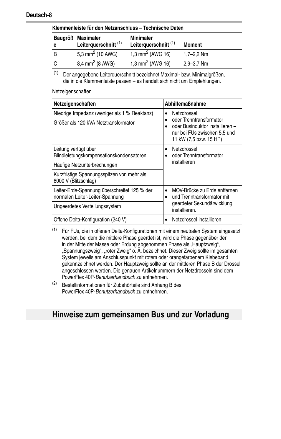 Hinweise zum gemeinsamen bus und zur vorladung | Rockwell Automation 22D PowerFlex 40P Quick Start - FRN 1.xx - 3.xx User Manual | Page 30 / 129
