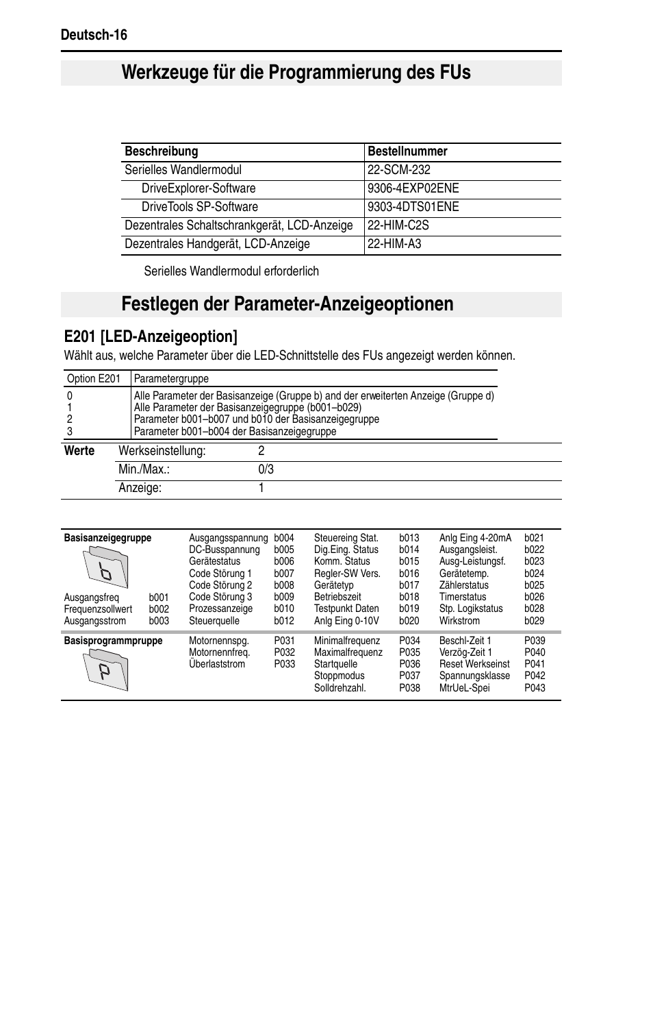 Werkzeuge für die programmierung des fus, Festlegen der parameter-anzeigeoptionen, E201 [led-anzeigeoption | Rockwell Automation 22D PowerFlex 40P Quick Start - FRN 1.xx - 3.xx User Manual | Page 38 / 129