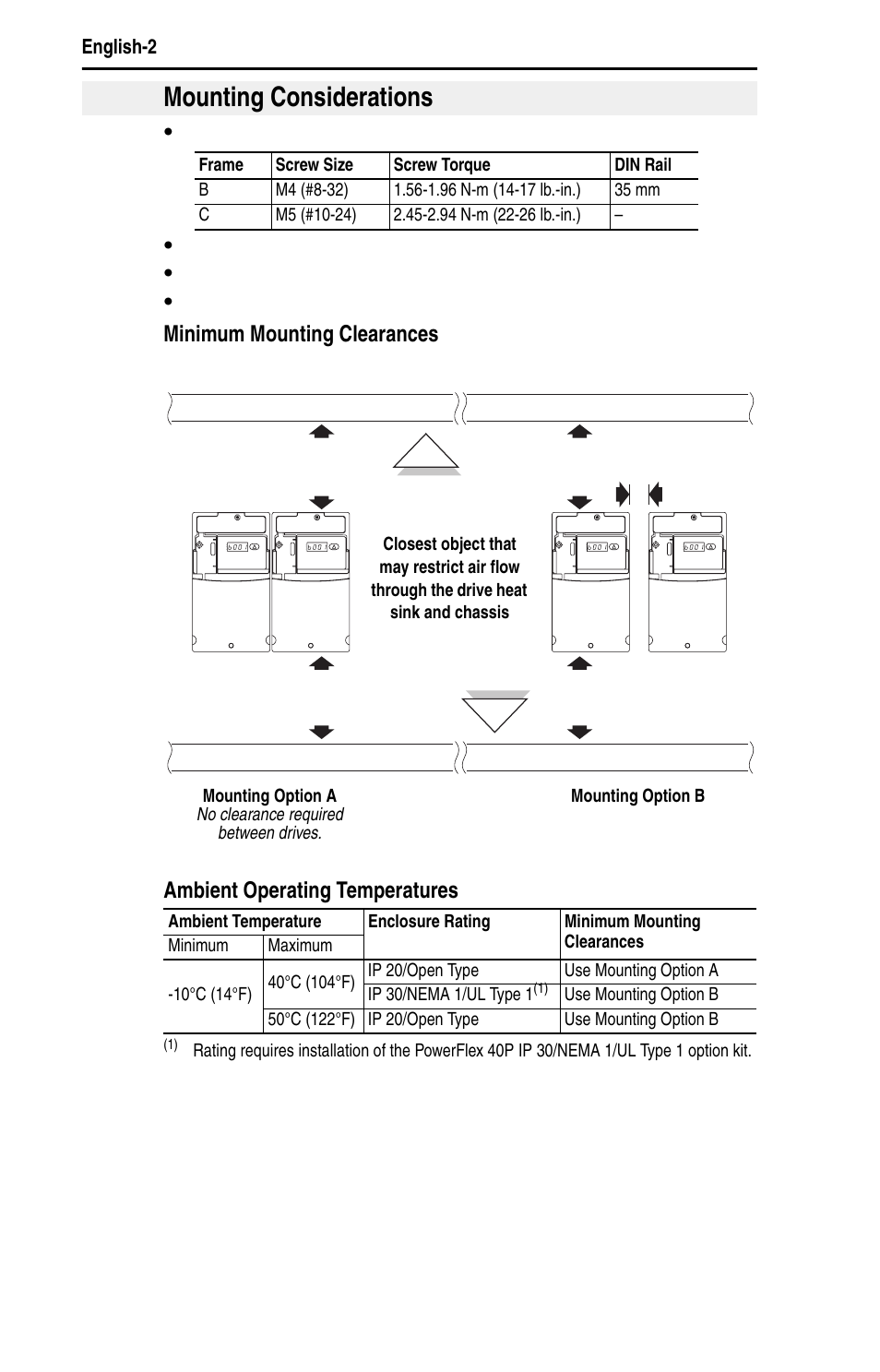 Mounting considerations, Minimum mounting clearances, Ambient operating temperatures | See page 20 for mounting dimensions | Rockwell Automation 22D PowerFlex 40P Quick Start - FRN 1.xx - 3.xx User Manual | Page 4 / 129