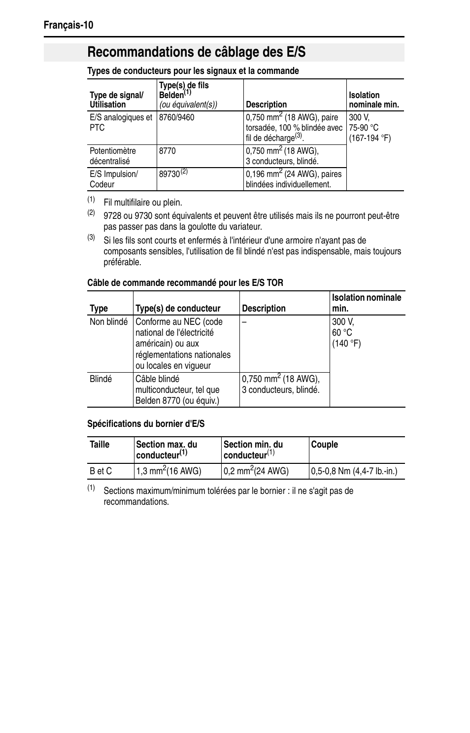 Recommandations de câblage des e/s, Français-10 | Rockwell Automation 22D PowerFlex 40P Quick Start - FRN 1.xx - 3.xx User Manual | Page 54 / 129