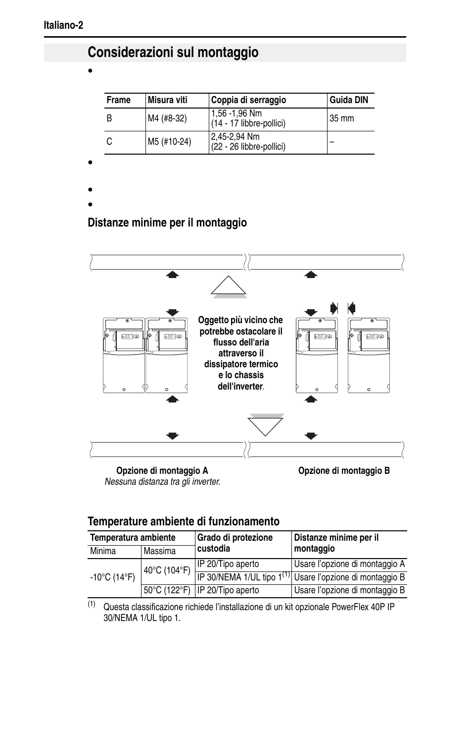 Considerazioni sul montaggio, Distanze minime per il montaggio, Temperature ambiente di funzionamento | Rockwell Automation 22D PowerFlex 40P Quick Start - FRN 1.xx - 3.xx User Manual | Page 68 / 129