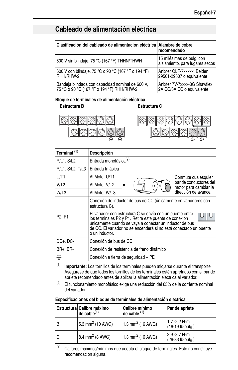 Cableado de alimentación eléctrica, Español-7 | Rockwell Automation 22D PowerFlex 40P Quick Start - FRN 1.xx - 3.xx User Manual | Page 93 / 129