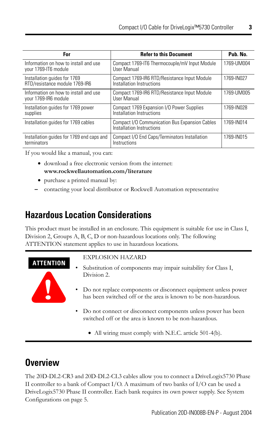 Hazardous location considerations, Overview, Hazardous location considerations overview | Rockwell Automation 20D-DL2-CL3 DriveLogix Controller Compact I/O Cable User Manual | Page 3 / 12