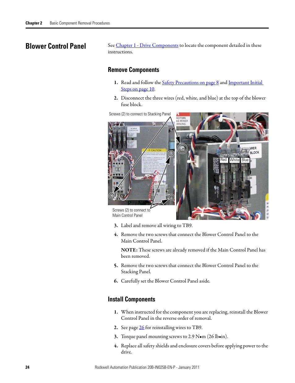 Blower control panel, Remove components, Install components | Rockwell Automation PF700 PowerFlex 700 Drive Components Replacement - Frame 9 User Manual | Page 24 / 84