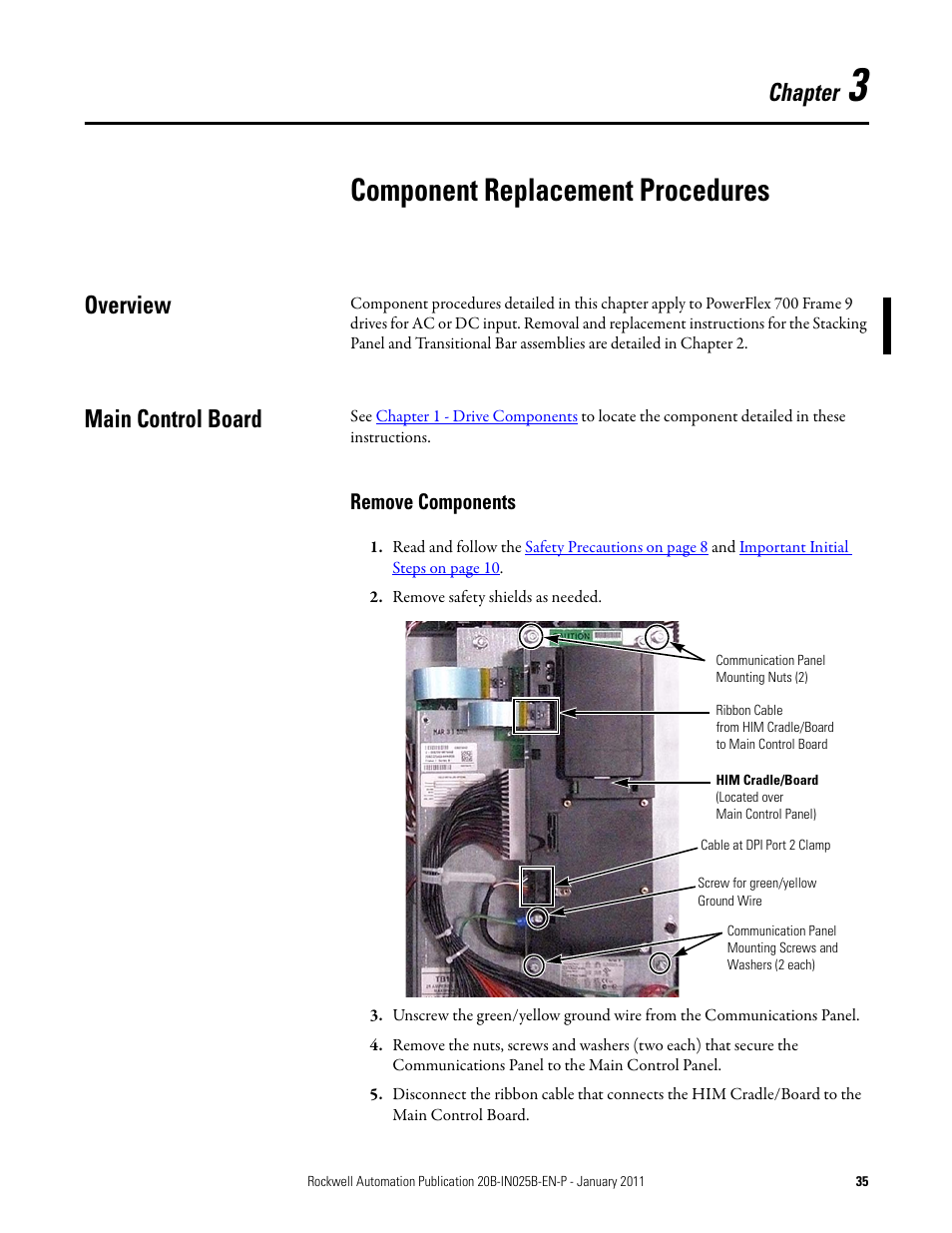 Chapter 3: component replacement procedures, Overview, Main control board | Remove components, Chapter 3, Overview main control board, Component replacement procedures, Chapter | Rockwell Automation PF700 PowerFlex 700 Drive Components Replacement - Frame 9 User Manual | Page 35 / 84