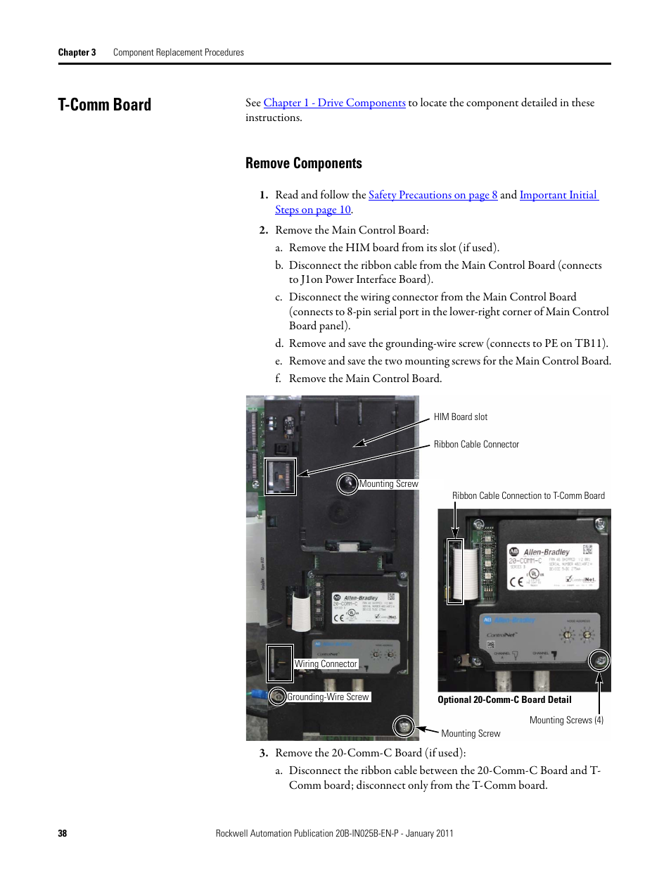 T-comm board, Remove components | Rockwell Automation PF700 PowerFlex 700 Drive Components Replacement - Frame 9 User Manual | Page 38 / 84