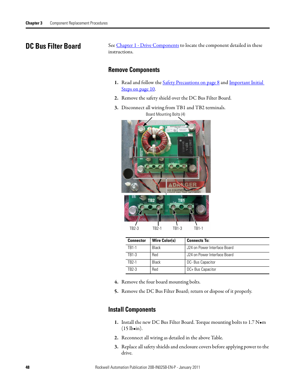 Dc bus filter board, Remove components, Install components | Rockwell Automation PF700 PowerFlex 700 Drive Components Replacement - Frame 9 User Manual | Page 48 / 84
