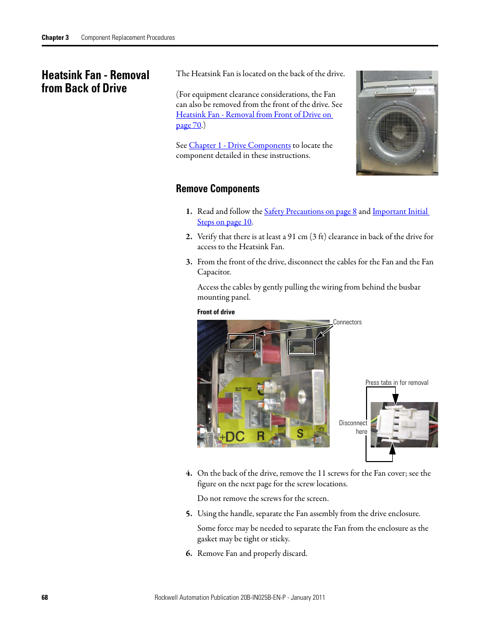 Heatsink fan - removal from back of drive, Remove components | Rockwell Automation PF700 PowerFlex 700 Drive Components Replacement - Frame 9 User Manual | Page 68 / 84
