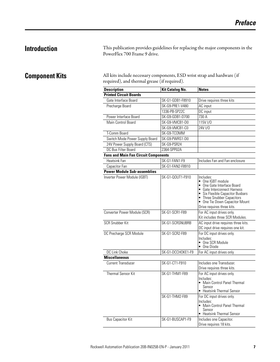 Preface, Introduction, Component kits | Introduction component kits, Preface introduction | Rockwell Automation PF700 PowerFlex 700 Drive Components Replacement - Frame 9 User Manual | Page 7 / 84