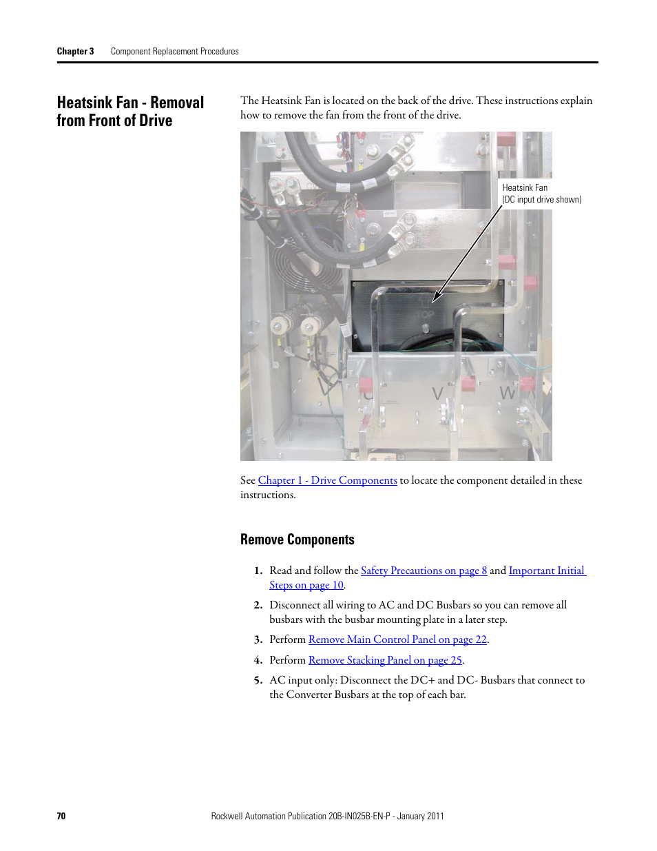 Heatsink fan - removal from front of drive, Remove components | Rockwell Automation PF700 PowerFlex 700 Drive Components Replacement - Frame 9 User Manual | Page 70 / 84