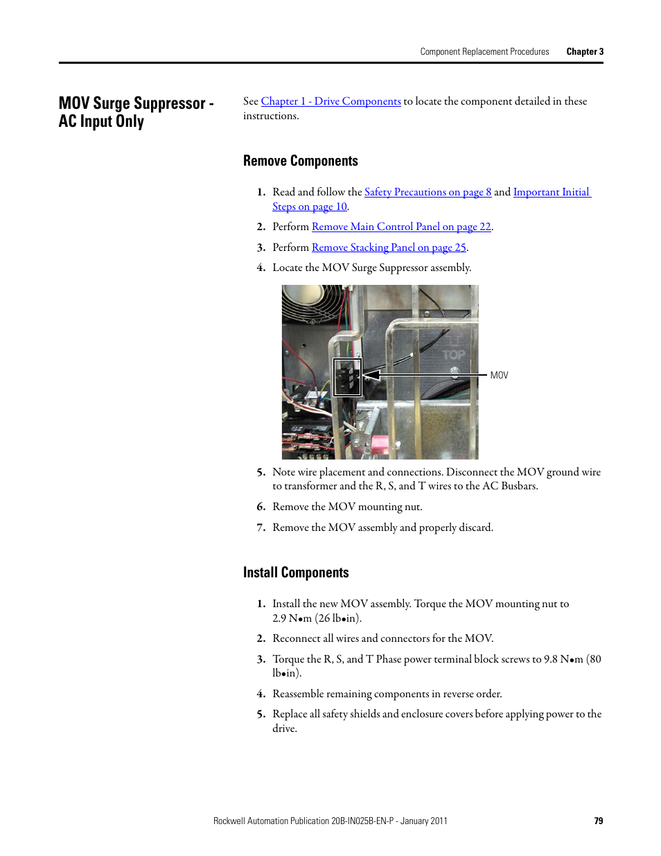 Mov surge suppressor - ac input only, Remove components, Install components | Rockwell Automation PF700 PowerFlex 700 Drive Components Replacement - Frame 9 User Manual | Page 79 / 84