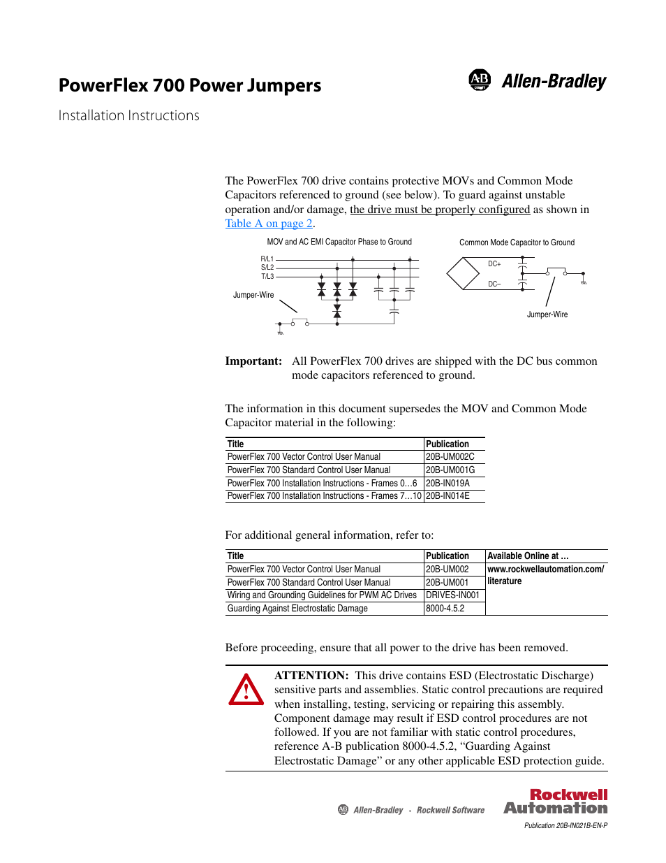 Rockwell Automation 20B PowerFlex 700 Power Jumpers User Manual | 12 pages