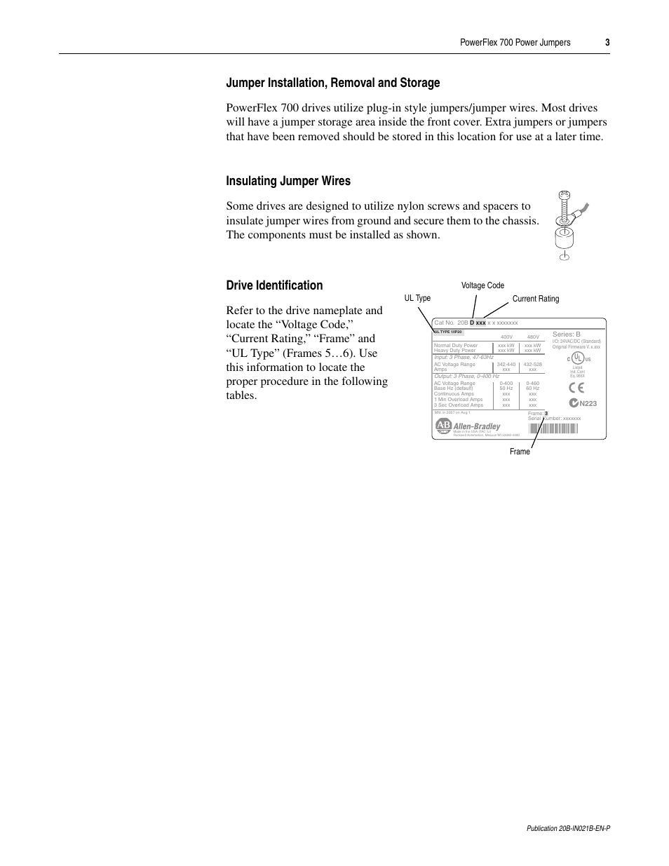 Jumper installation, removal and storage, Insulating jumper wires, Drive identification | Powerflex 700 power jumpers 3 | Rockwell Automation 20B PowerFlex 700 Power Jumpers User Manual | Page 3 / 12