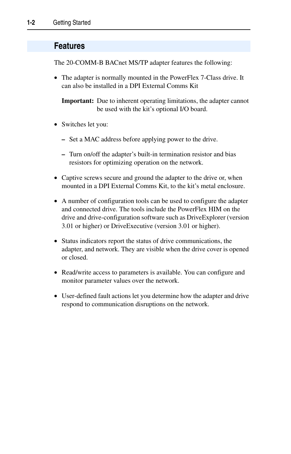 Features, Features -2 | Rockwell Automation 20-COMM-B BACnet MS/TP Adapter User Manual | Page 10 / 76