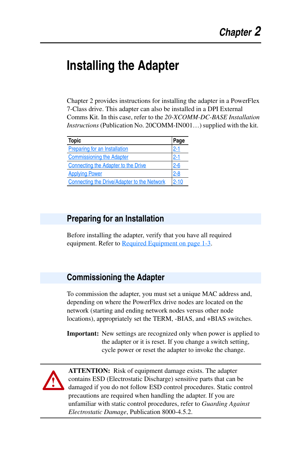 Chapter 2, Installing the adapter, Preparing for an installation | Commissioning the adapter, 2installing the adapter | Rockwell Automation 20-COMM-B BACnet MS/TP Adapter User Manual | Page 17 / 76