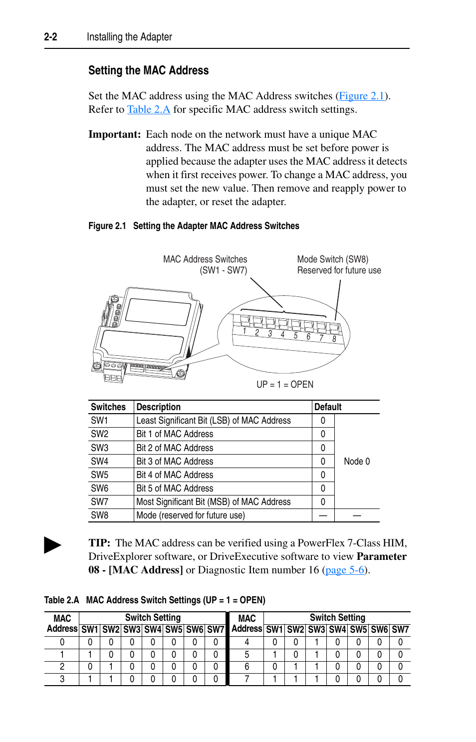 Setting the mac address, Setting the mac | Rockwell Automation 20-COMM-B BACnet MS/TP Adapter User Manual | Page 18 / 76