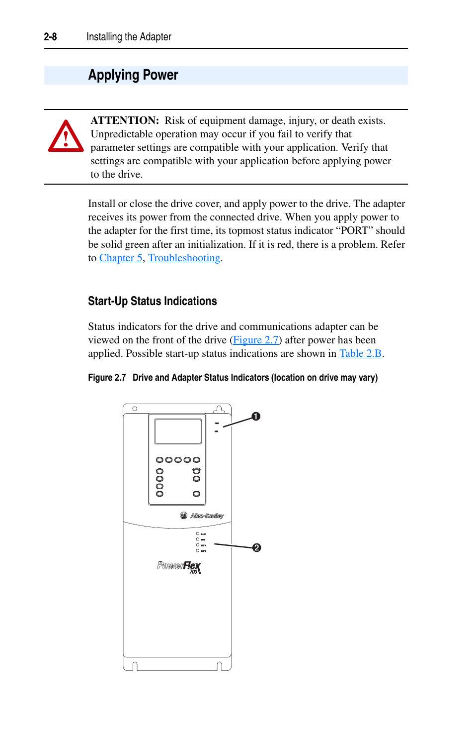 Applying power, Start-up status indications, Applying power -8 | Rockwell Automation 20-COMM-B BACnet MS/TP Adapter User Manual | Page 24 / 76