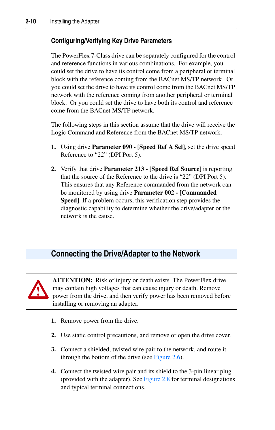 Configuring/verifying key drive parameters, Connecting the drive/adapter to the network, Connecting the drive/adapter to the network -10 | Rockwell Automation 20-COMM-B BACnet MS/TP Adapter User Manual | Page 26 / 76