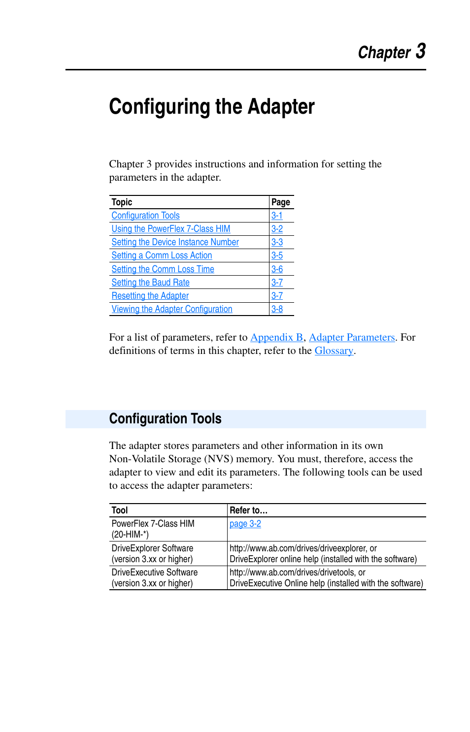 Chapter 3, Configuring the adapter, Configuration tools | Configuration tools -1, 3configuring the adapter, Chapter | Rockwell Automation 20-COMM-B BACnet MS/TP Adapter User Manual | Page 29 / 76