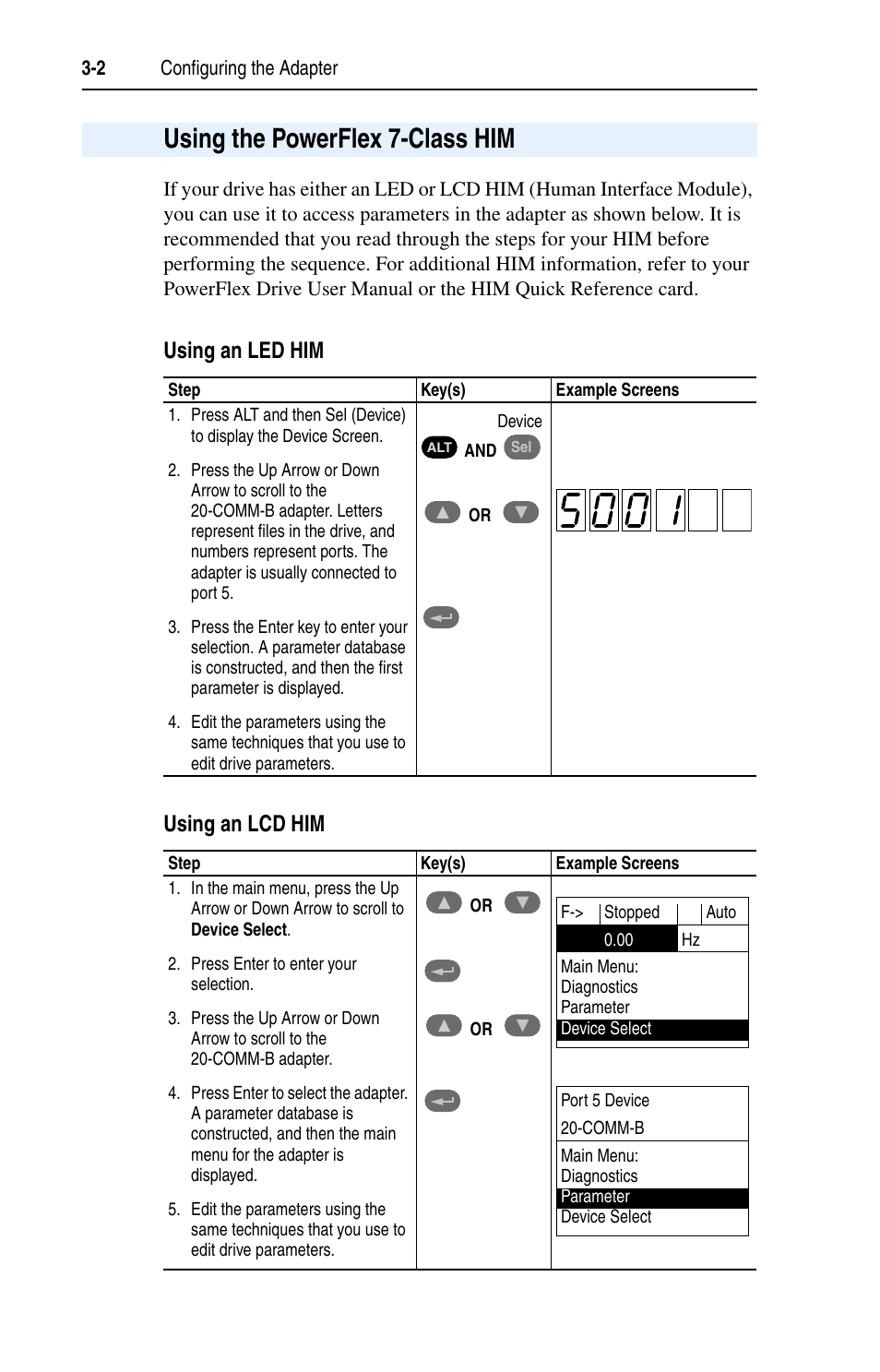 Using the powerflex 7-class him, Using an led him, Using an lcd him | Using the powerflex 7-class him -2 | Rockwell Automation 20-COMM-B BACnet MS/TP Adapter User Manual | Page 30 / 76