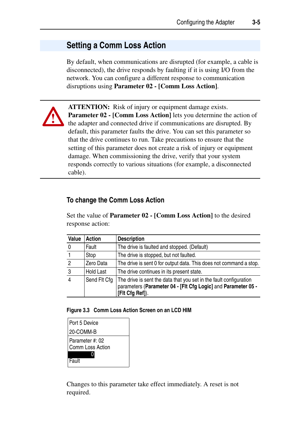 Setting a comm loss action, To change the comm loss action, Setting a comm loss action -5 | Rockwell Automation 20-COMM-B BACnet MS/TP Adapter User Manual | Page 33 / 76