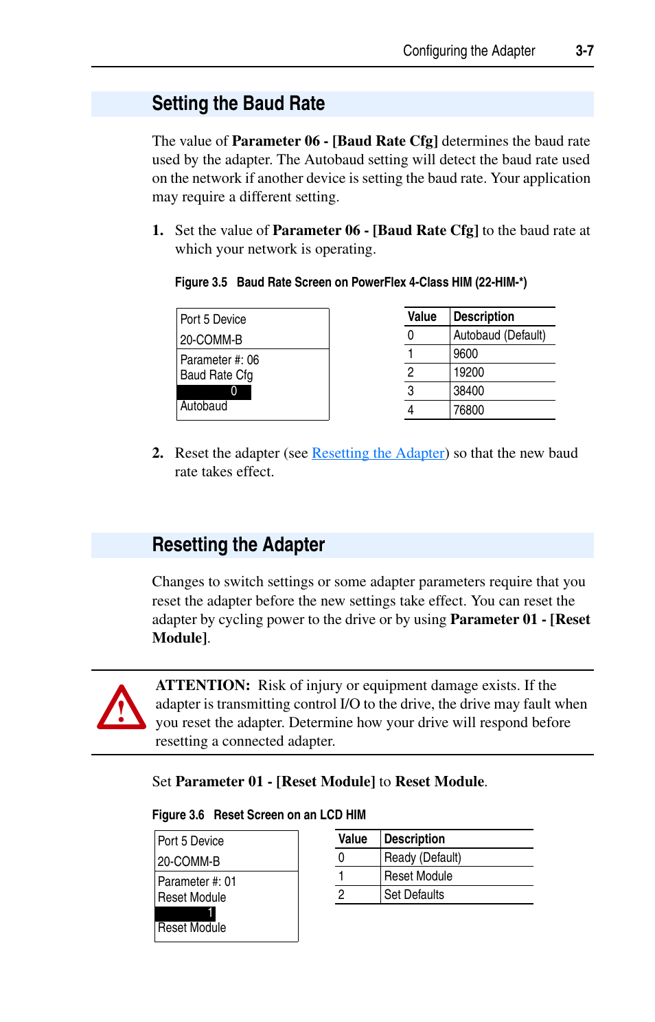 Setting the baud rate, Resetting the adapter, Setting the baud rate -7 resetting the adapter -7 | Rockwell Automation 20-COMM-B BACnet MS/TP Adapter User Manual | Page 35 / 76