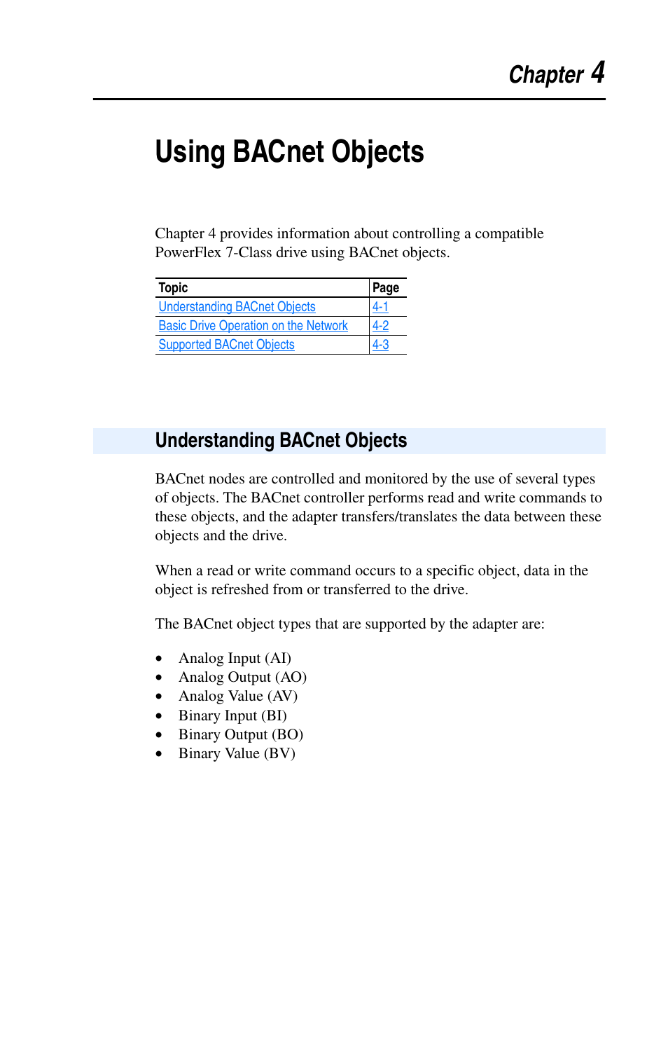 Chapter 4, Using bacnet objects, Understanding bacnet objects | Understanding bacnet objects -1, 4using bacnet objects | Rockwell Automation 20-COMM-B BACnet MS/TP Adapter User Manual | Page 37 / 76