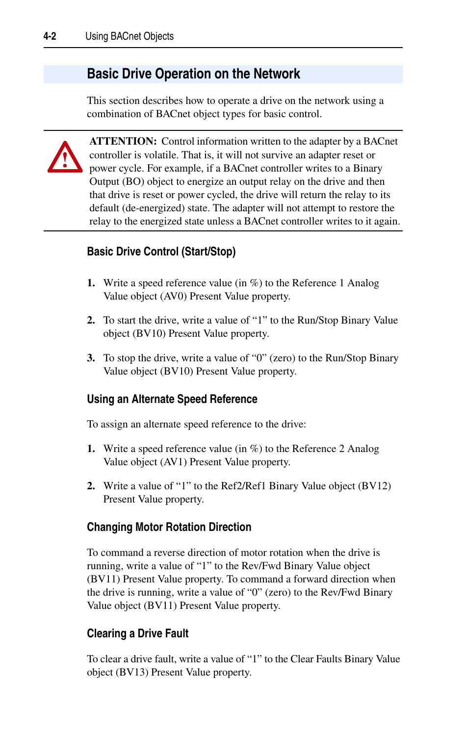 Basic drive operation on the network, Basic drive control (start/stop), Using an alternate speed reference | Changing motor rotation direction, Clearing a drive fault, Basic drive operation on the network -2 | Rockwell Automation 20-COMM-B BACnet MS/TP Adapter User Manual | Page 38 / 76