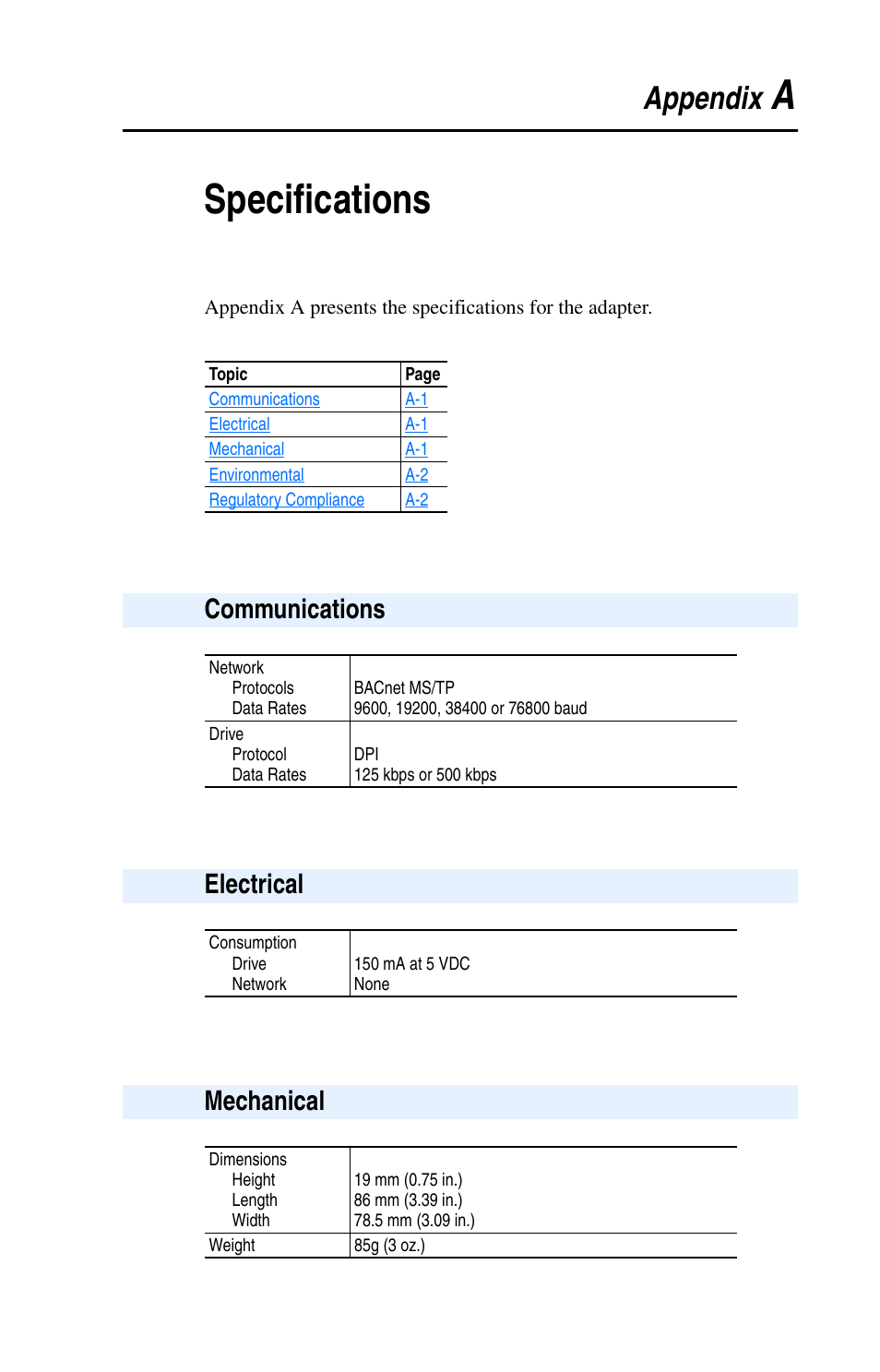 Appendix a, Specifications, Communications | Electrical, Mechanical, Aspecifications | Rockwell Automation 20-COMM-B BACnet MS/TP Adapter User Manual | Page 51 / 76