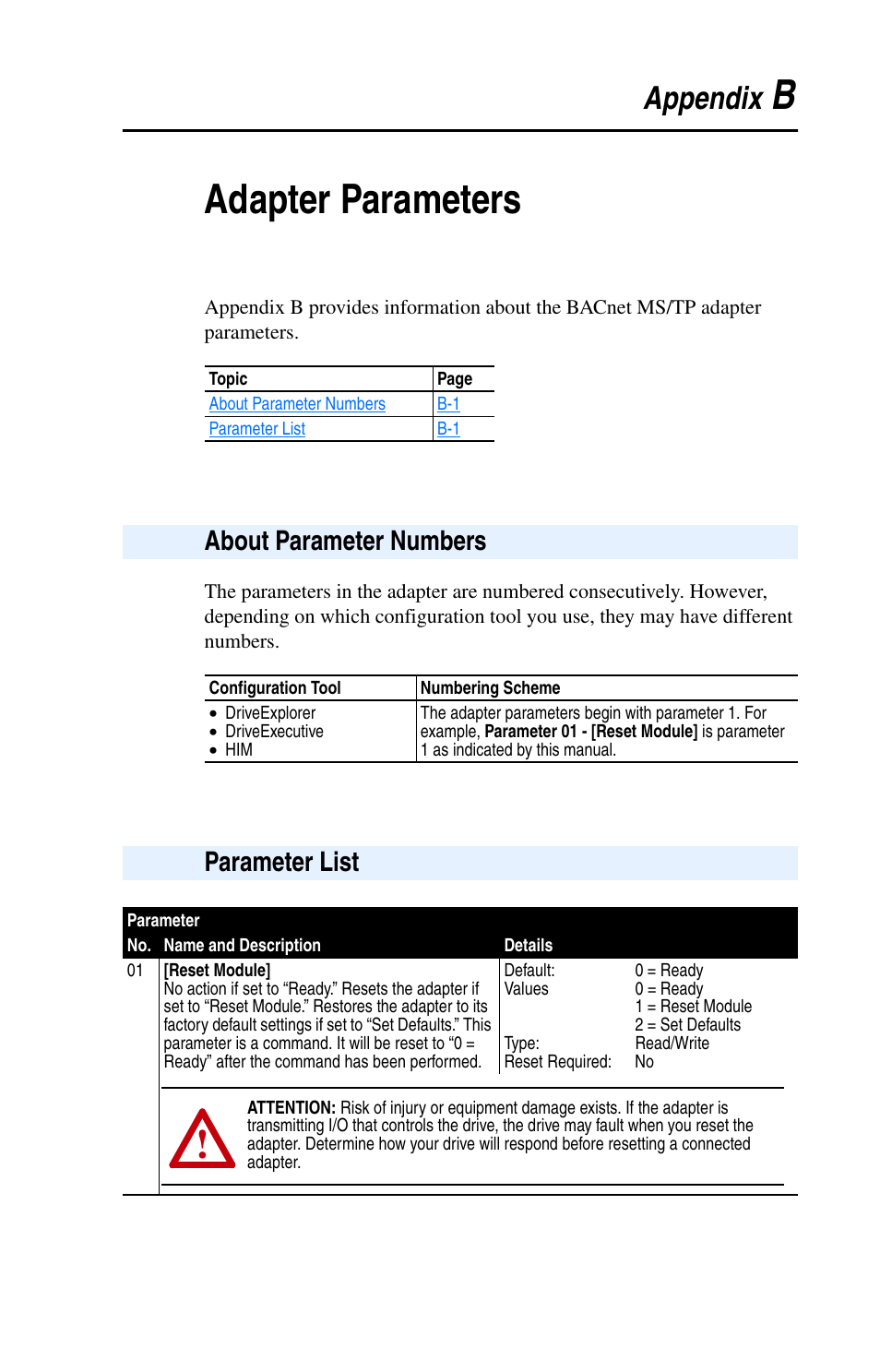 Appendix b, Adapter parameters, About parameter numbers | Parameter list, Meters, refer to, Badapter parameters | Rockwell Automation 20-COMM-B BACnet MS/TP Adapter User Manual | Page 53 / 76