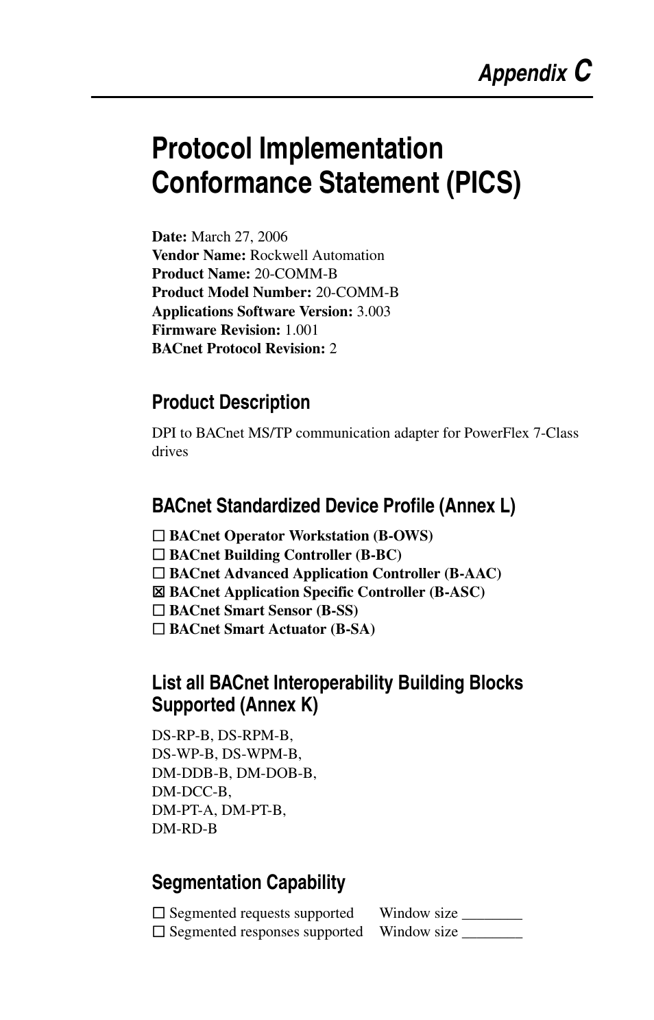 Appendix c, Product description, Bacnet standardized device profile (annex l) | Segmentation capability | Rockwell Automation 20-COMM-B BACnet MS/TP Adapter User Manual | Page 57 / 76