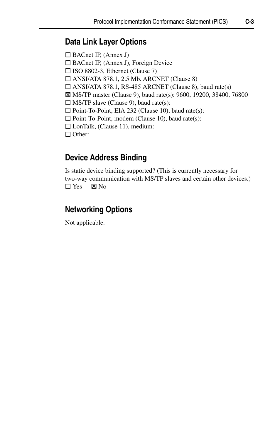 Data link layer options, Device address binding, Networking options | Rockwell Automation 20-COMM-B BACnet MS/TP Adapter User Manual | Page 59 / 76