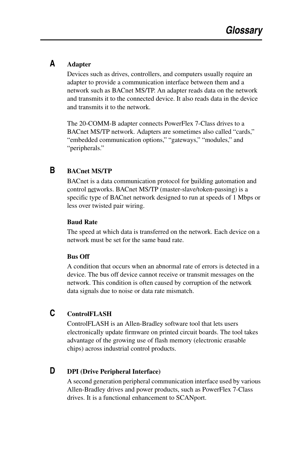 Glossary | Rockwell Automation 20-COMM-B BACnet MS/TP Adapter User Manual | Page 63 / 76