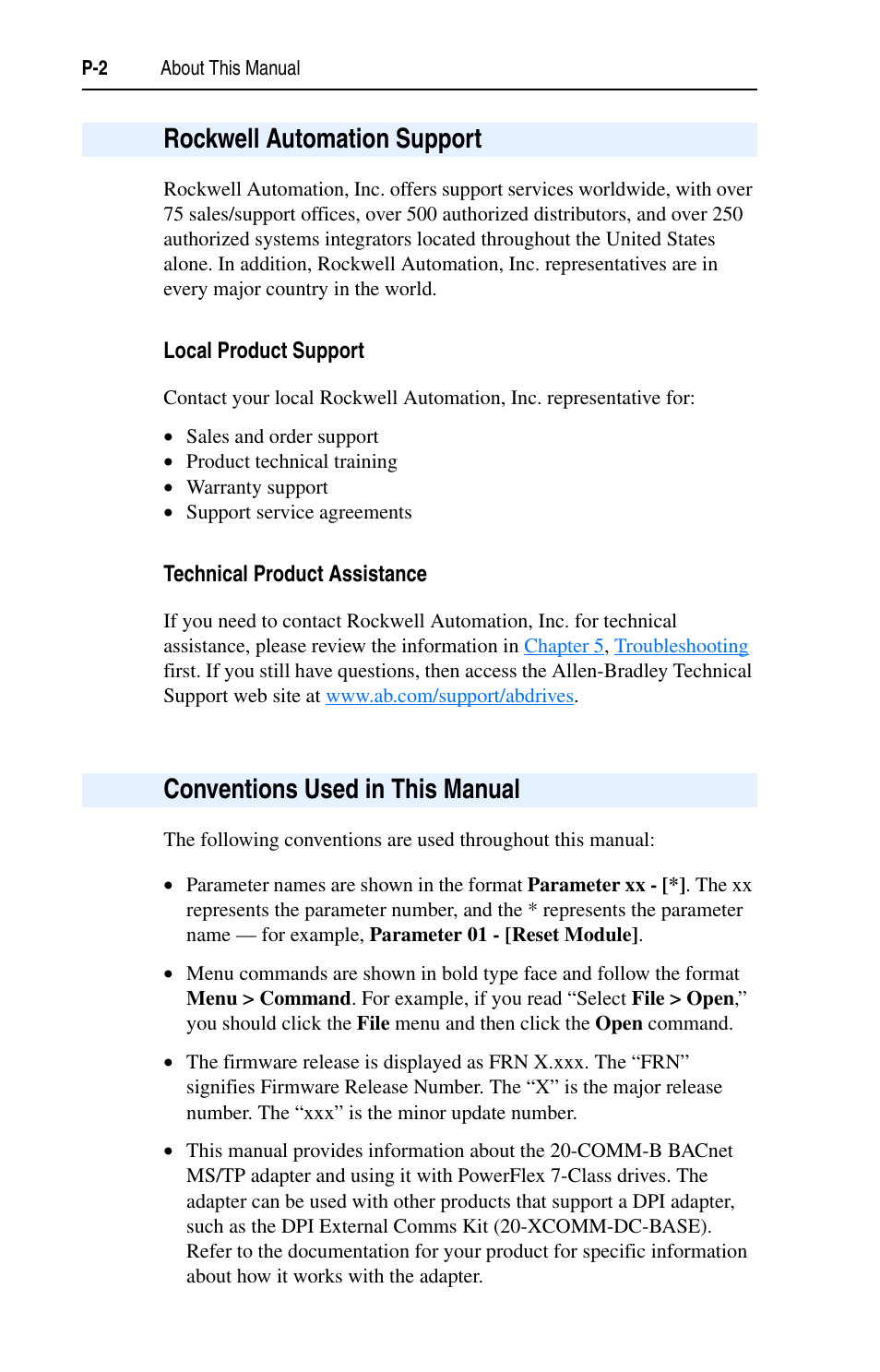 Rockwell automation support, Local product support, Technical product assistance | Conventions used in this manual | Rockwell Automation 20-COMM-B BACnet MS/TP Adapter User Manual | Page 8 / 76