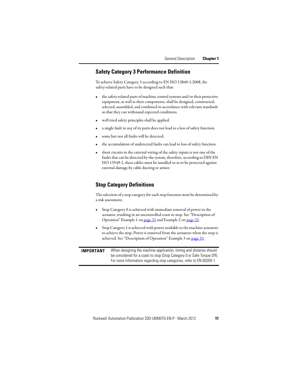 Safety category 3 performance definition, Stop category definitions | Rockwell Automation 20D-P2-DG03 DriveGuard Safe Torque Off Option for PowerFlex 700S Phase II and 700L Drives User Manual | Page 11 / 40