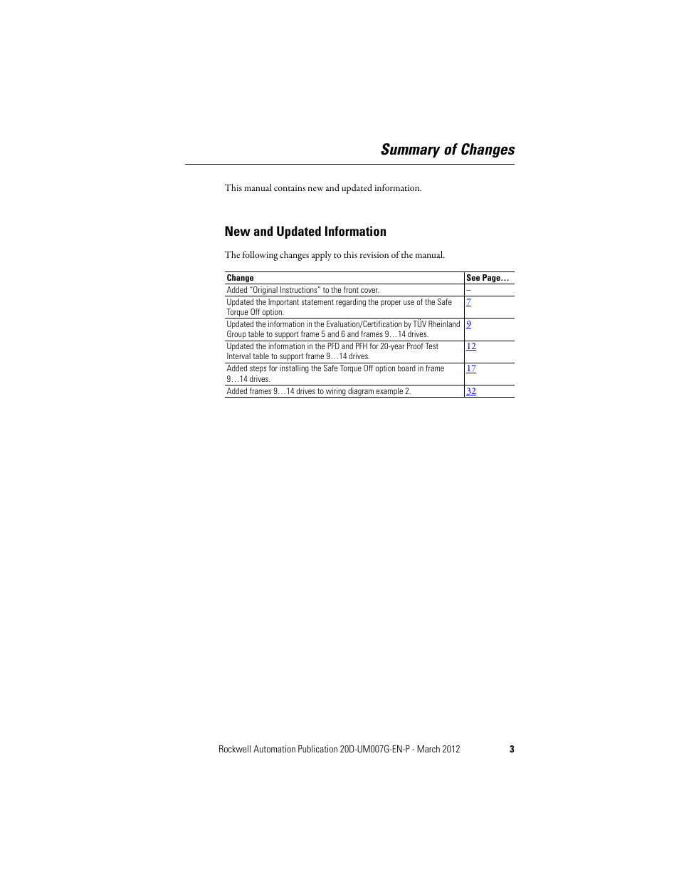 Summary of changes, New and updated information | Rockwell Automation 20D-P2-DG03 DriveGuard Safe Torque Off Option for PowerFlex 700S Phase II and 700L Drives User Manual | Page 3 / 40