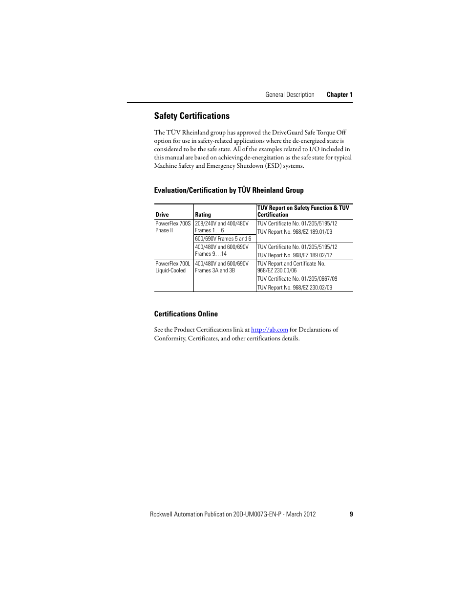 Safety certifications, Evaluation/certification by tüv rheinland group | Rockwell Automation 20D-P2-DG03 DriveGuard Safe Torque Off Option for PowerFlex 700S Phase II and 700L Drives User Manual | Page 9 / 40