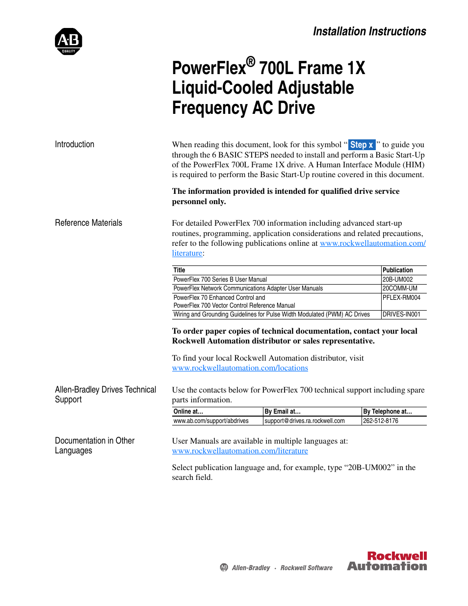 Rockwell Automation 20L PowerFlex 700L Frame 1X Liquid-Cooled Adjustable Frequency AC Drive User Manual | 60 pages