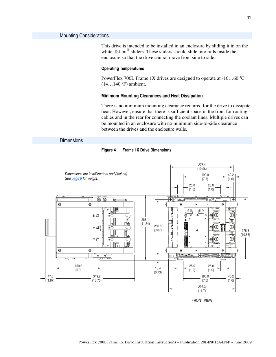 Mounting considerations, Dimensions | Rockwell Automation 20L PowerFlex 700L Frame 1X Liquid-Cooled Adjustable Frequency AC Drive User Manual | Page 11 / 60