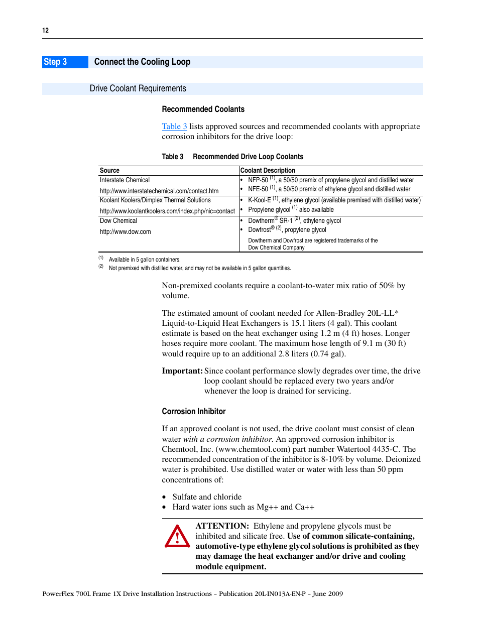 Step 3, Connect the cooling loop, Drive coolant requirements | Rockwell Automation 20L PowerFlex 700L Frame 1X Liquid-Cooled Adjustable Frequency AC Drive User Manual | Page 12 / 60