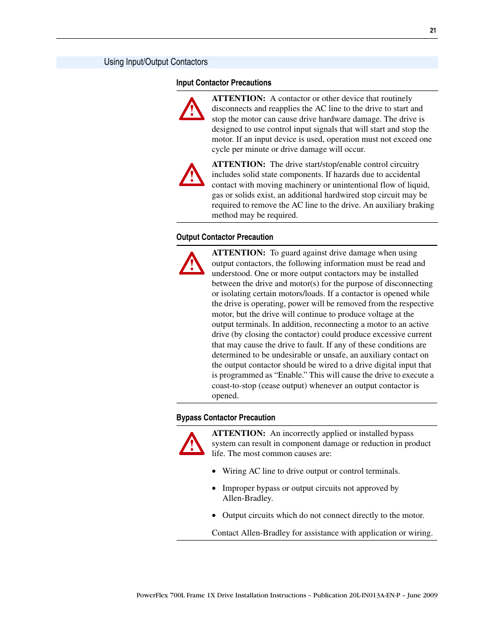 Using input/output contactors | Rockwell Automation 20L PowerFlex 700L Frame 1X Liquid-Cooled Adjustable Frequency AC Drive User Manual | Page 21 / 60