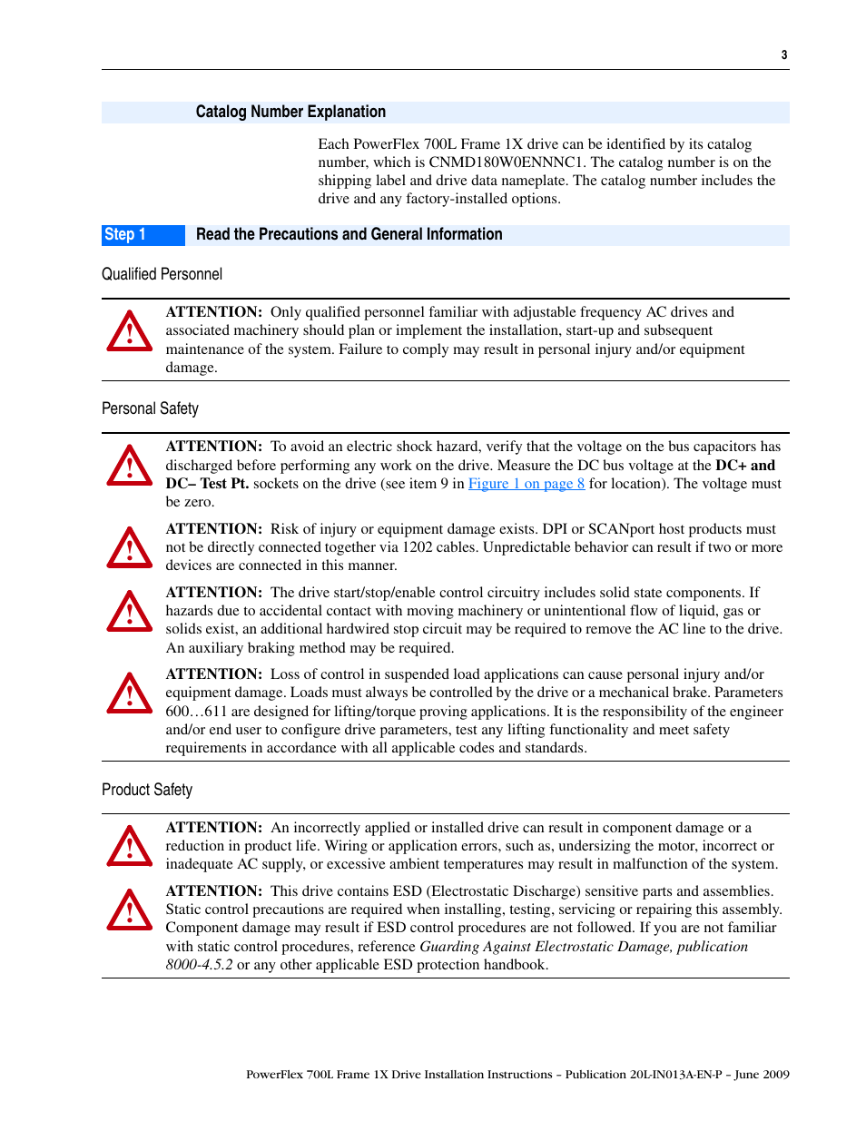 Catalog number explanation, Step 1, Read the precautions and general information | Qualified personnel, Personal safety, Product safety | Rockwell Automation 20L PowerFlex 700L Frame 1X Liquid-Cooled Adjustable Frequency AC Drive User Manual | Page 3 / 60