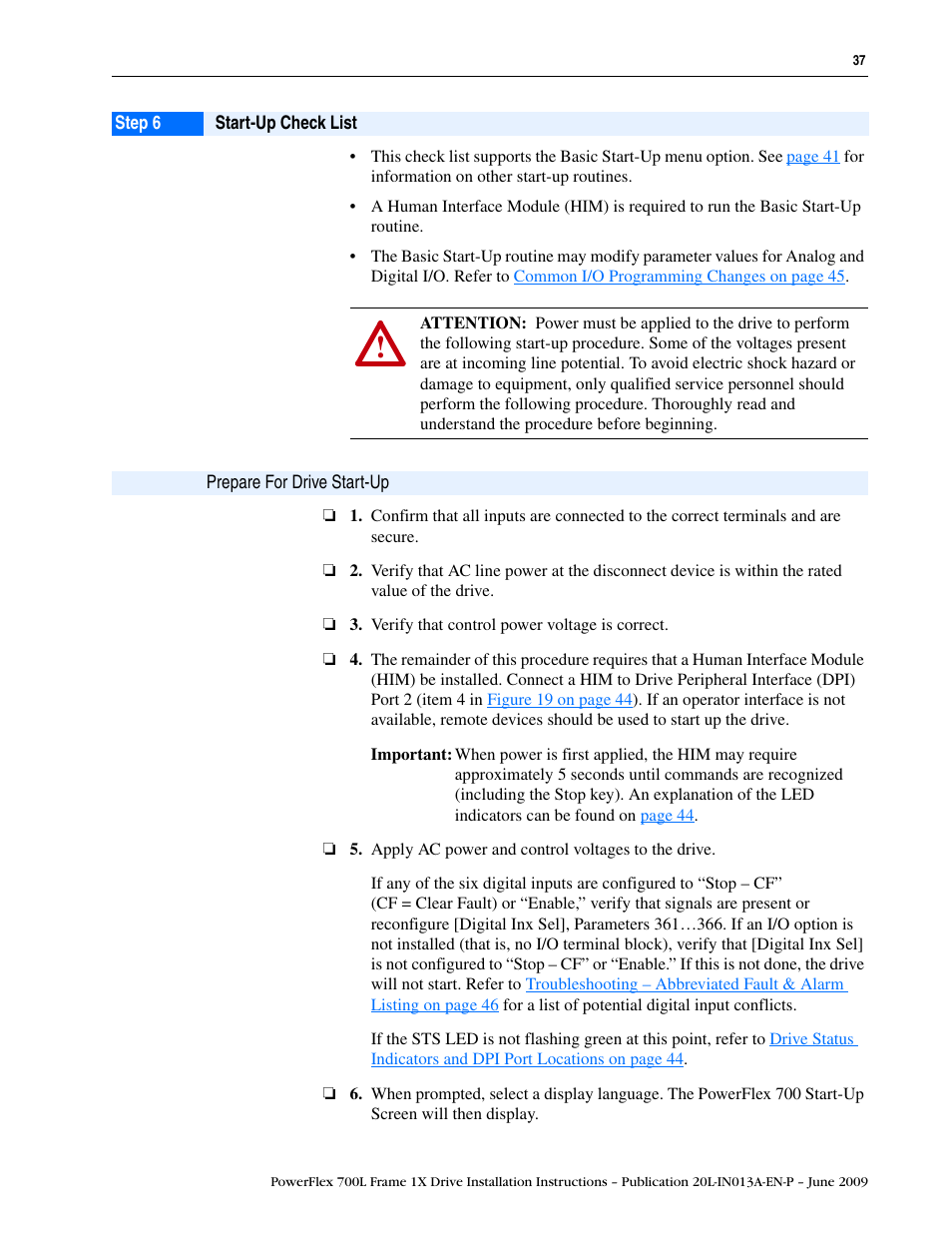 Step 6, Start-up check list, Prepare for drive start-up | Rockwell Automation 20L PowerFlex 700L Frame 1X Liquid-Cooled Adjustable Frequency AC Drive User Manual | Page 37 / 60