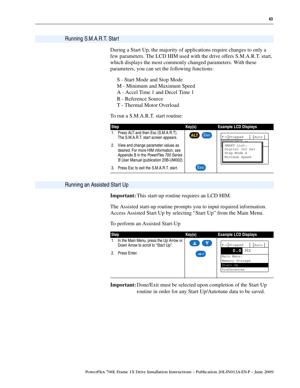 Running s.m.a.r.t. start, Running an assisted start up, For details | R to, Running s.m.a.r.t | Rockwell Automation 20L PowerFlex 700L Frame 1X Liquid-Cooled Adjustable Frequency AC Drive User Manual | Page 43 / 60