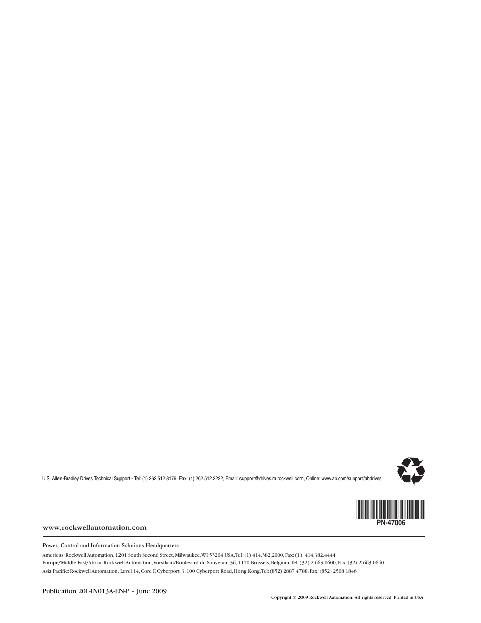 Rockwell Automation 20L PowerFlex 700L Frame 1X Liquid-Cooled Adjustable Frequency AC Drive User Manual | Page 60 / 60