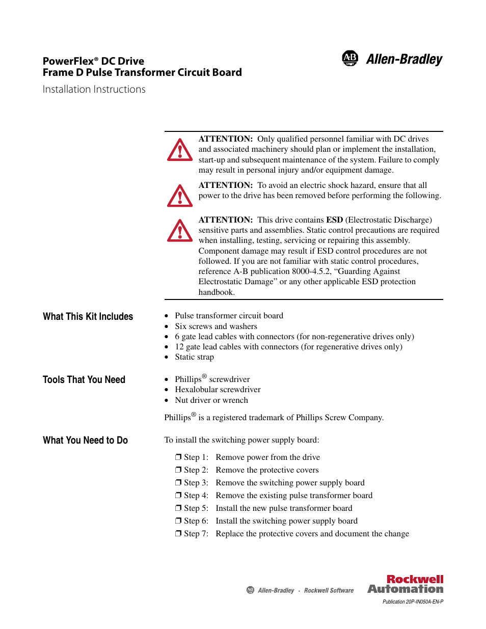 Rockwell Automation 20P PowerFlex DC Drive - Frame D Pulse Transformer Circuit Board User Manual | 8 pages